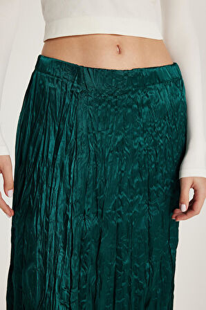 Kadın Regular Fit Desenli Saten Yeşil Etek