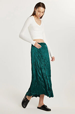 Kadın Regular Fit Desenli Saten Yeşil Etek