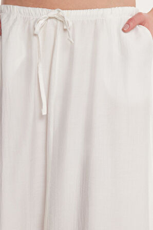 Kadın Standart Fit Beli Lastikli Bağlamalı Ekru Etek