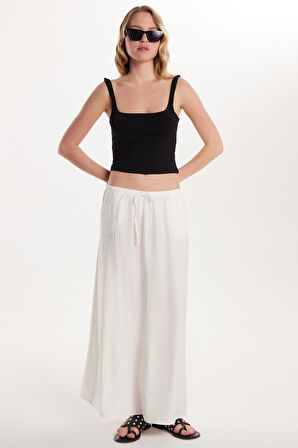 Kadın Standart Fit Beli Lastikli Bağlamalı Ekru Etek