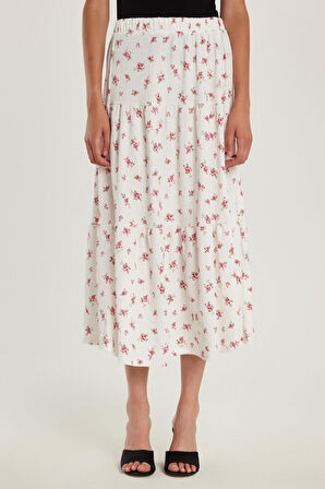 Kadın Standart Fit Beli Lastikli Baskılı Midi Boy Etek