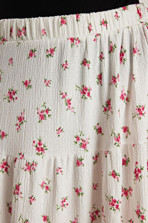 Kadın Standart Fit Beli Lastikli Baskılı Midi Boy Etek