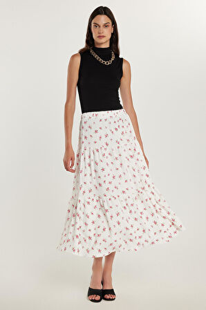 Kadın Standart Fit Beli Lastikli Baskılı Midi Boy Etek