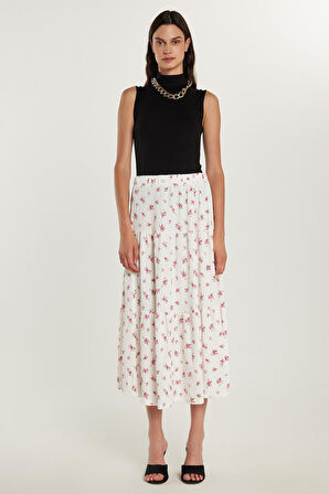 Kadın Standart Fit Beli Lastikli Baskılı Midi Boy Etek