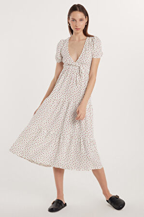 Kadın Slim Fit Dar Kesim Kısa Kollu Baskılı Gofre V Yaka Beyaz Elbise