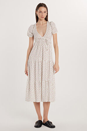 Kadın Slim Fit Dar Kesim Kısa Kollu Baskılı Gofre V Yaka Beyaz Elbise