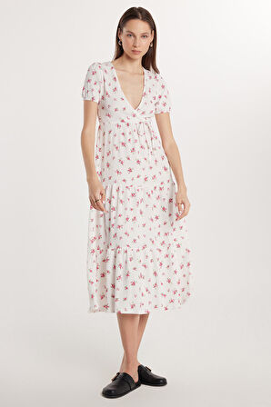 Kadın Slim Fit Dar Kesim Kısa Kollu Baskılı Gofre V Yaka Beyaz Elbise