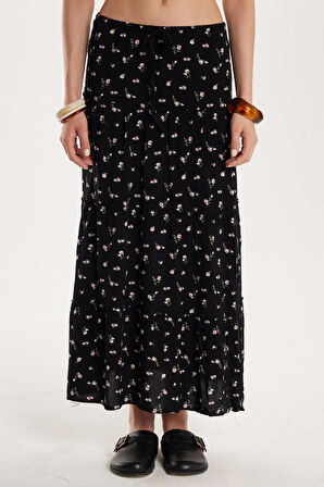 Kadın Standart Fit Bağlamalı Baskılı Viskon Etek