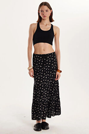 Kadın Standart Fit Bağlamalı Baskılı Viskon Etek