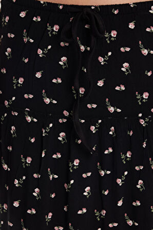 Kadın Standart Fit Bağlamalı Baskılı Viskon Etek