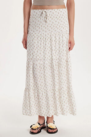 Kadın Standart Fit Bağlamalı Baskılı Viskon Etek