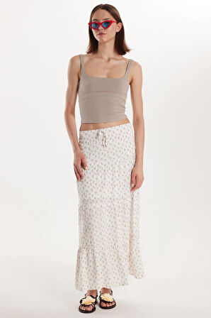 Kadın Standart Fit Bağlamalı Baskılı Viskon Etek