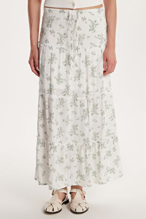 Kadın Standart Fit Bağlamalı Baskılı Viskon Etek