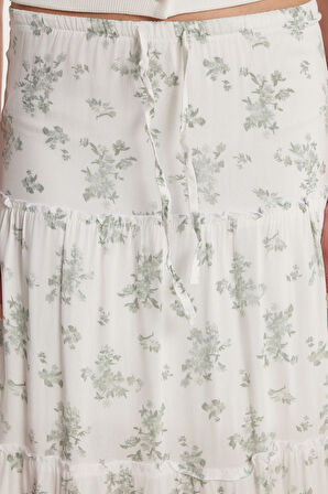 Kadın Standart Fit Bağlamalı Baskılı Viskon Etek