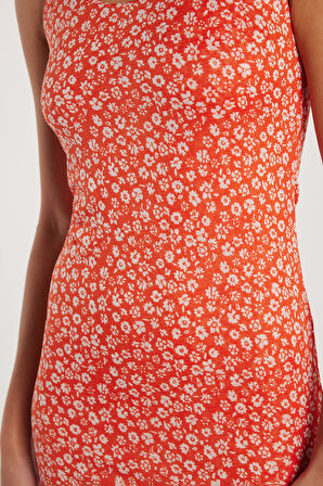 Kadın Slim Fit Dar Kesim Kalın Askılı U Yaka Baskılı Elbise