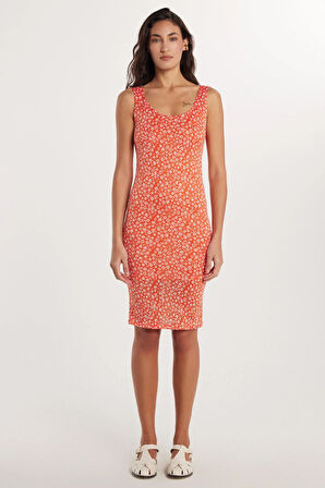 Kadın Slim Fit Dar Kesim Kalın Askılı U Yaka Baskılı Elbise