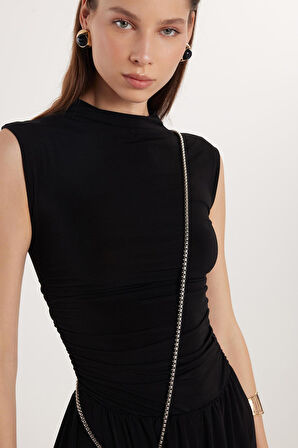 Kadın Slim Fit Dar Kesim Siyah Kolsuz Bisiklet Yaka Midi Boy Elbise