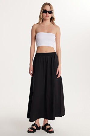 Kadın Standart Fit Beli Lastikli Siyah Etek