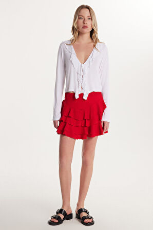 Kadın Relax Fit Rahat Kesim Beli Lastikli Piliseli Kırmızı Etek