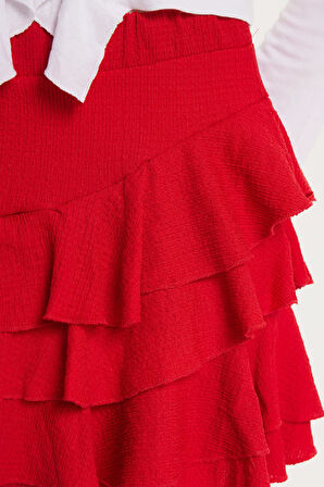 Kadın Relax Fit Rahat Kesim Beli Lastikli Piliseli Kırmızı Etek