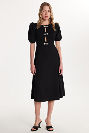 Kadın Regular Fit Balon Kol Bisiklet Yaka Bağlama Detaylı Siyah Elbise