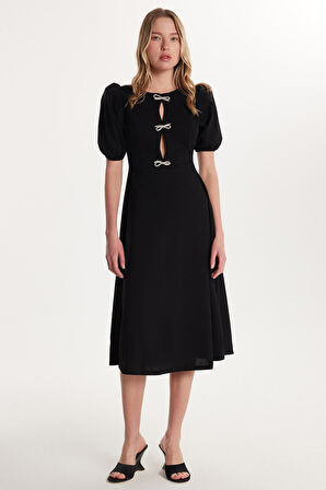 Kadın Regular Fit Balon Kol Bisiklet Yaka Bağlama Detaylı Siyah Elbise