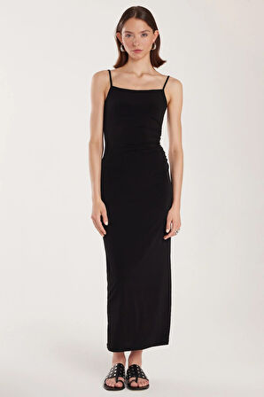 Kadın Slim Fit Dar Kesim Esnek U Yaka Midi Siyah Elbise