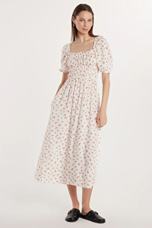 Kadın Relax Fit Rahat Kesim Beli Lastikli Balon Kol U Yaka Baskılı Elbise