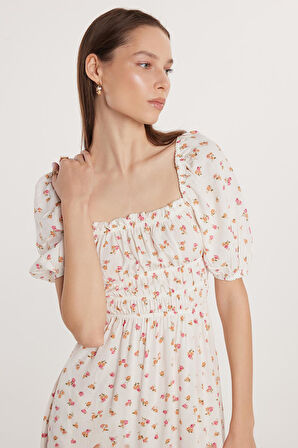 Kadın Relax Fit Rahat Kesim Beli Lastikli Balon Kol U Yaka Baskılı Elbise