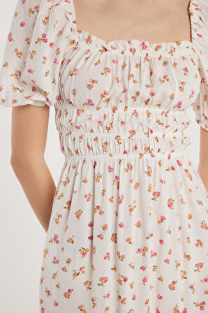 Kadın Relax Fit Rahat Kesim Beli Lastikli Balon Kol U Yaka Baskılı Elbise