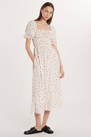 Kadın Relax Fit Rahat Kesim Beli Lastikli Balon Kol U Yaka Baskılı Elbise