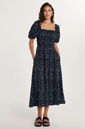 Kadın Relax Fit Rahat Kesim Beli Lastikli Balon Kol U Yaka Baskılı Elbise