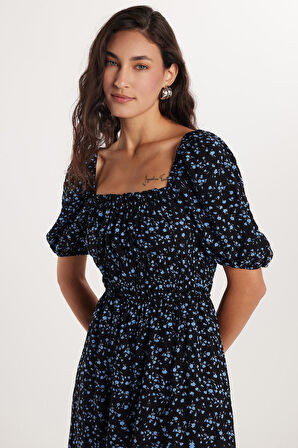 Kadın Relax Fit Rahat Kesim Beli Lastikli Balon Kol U Yaka Baskılı Elbise