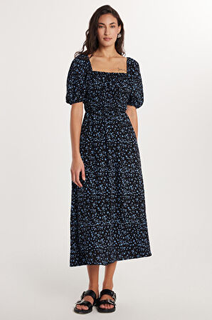 Kadın Relax Fit Rahat Kesim Beli Lastikli Balon Kol U Yaka Baskılı Elbise