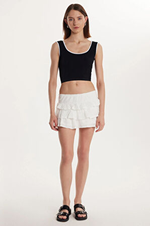 Kadın Standart Fit %100 Pamuk Beli Lastikli Piliseli Ajurlu Ekru Etek