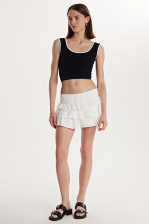 Kadın Standart Fit %100 Pamuk Beli Lastikli Piliseli Ajurlu Ekru Etek