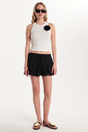 Kadın Standart Fit Bağcıklı Pileli Desenli Siyah Mini Etek