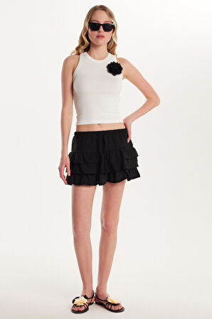 Kadın Standart Fit Bağcıklı Pileli Desenli Siyah Mini Etek