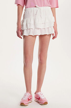 Kadın Standart Fit Bağcıklı Pileli Desenli Ekru Mini Etek