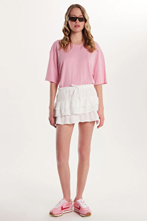 Kadın Standart Fit Bağcıklı Pileli Desenli Ekru Mini Etek