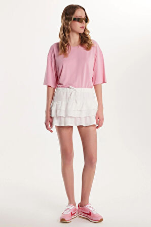 Kadın Standart Fit Bağcıklı Pileli Desenli Ekru Mini Etek