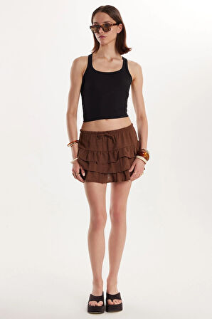 Kadın Standart Fit Bağcıklı Pileli Desenli Kahverengi Mini Etek