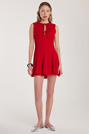Kadın Regular Fit Klasik Kesim Boyun Bağlama Detaylı Mini Kırmızı Elbise