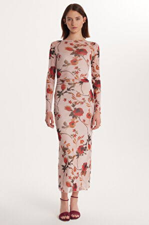 Kadın Standart Fit Uzun Kollu Bisiklet Yaka Çiçek Baskılı Elbise