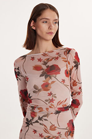 Kadın Standart Fit Uzun Kollu Bisiklet Yaka Çiçek Baskılı Elbise