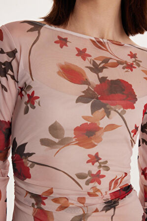 Kadın Standart Fit Uzun Kollu Bisiklet Yaka Çiçek Baskılı Elbise