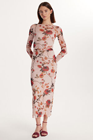 Kadın Standart Fit Uzun Kollu Bisiklet Yaka Çiçek Baskılı Elbise