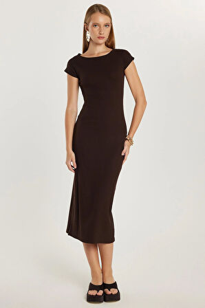 Kadın Modal Kumaş Slim Fit Dar Kesim Kısa Kollu Bisiklet Yaka Kahverengi Elbise