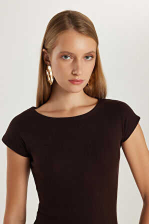 Kadın Modal Kumaş Slim Fit Dar Kesim Kısa Kollu Bisiklet Yaka Kahverengi Elbise