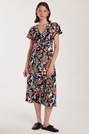 Kadın Standart Fit Viskon V Yaka Midi Elbise